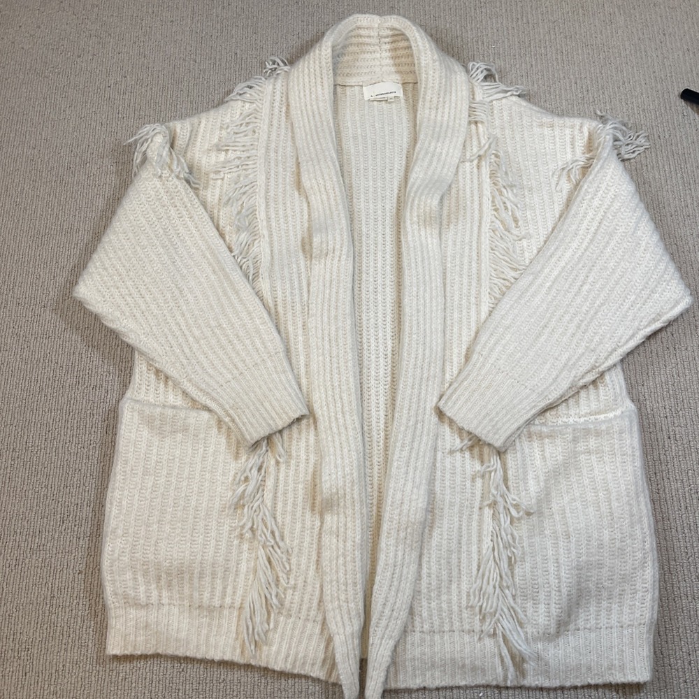 Anthropologie Women M/L Fringe Shawl Cardigan Alpaca Wool Boho Oversized Sweater